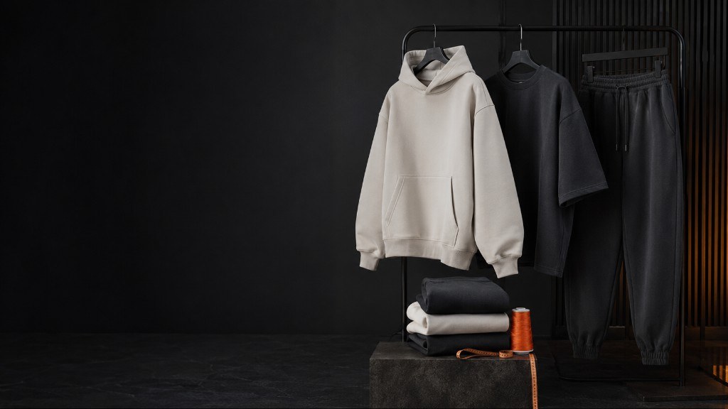 Heavyweight hoodie and joggers hanging on a finishing rail
