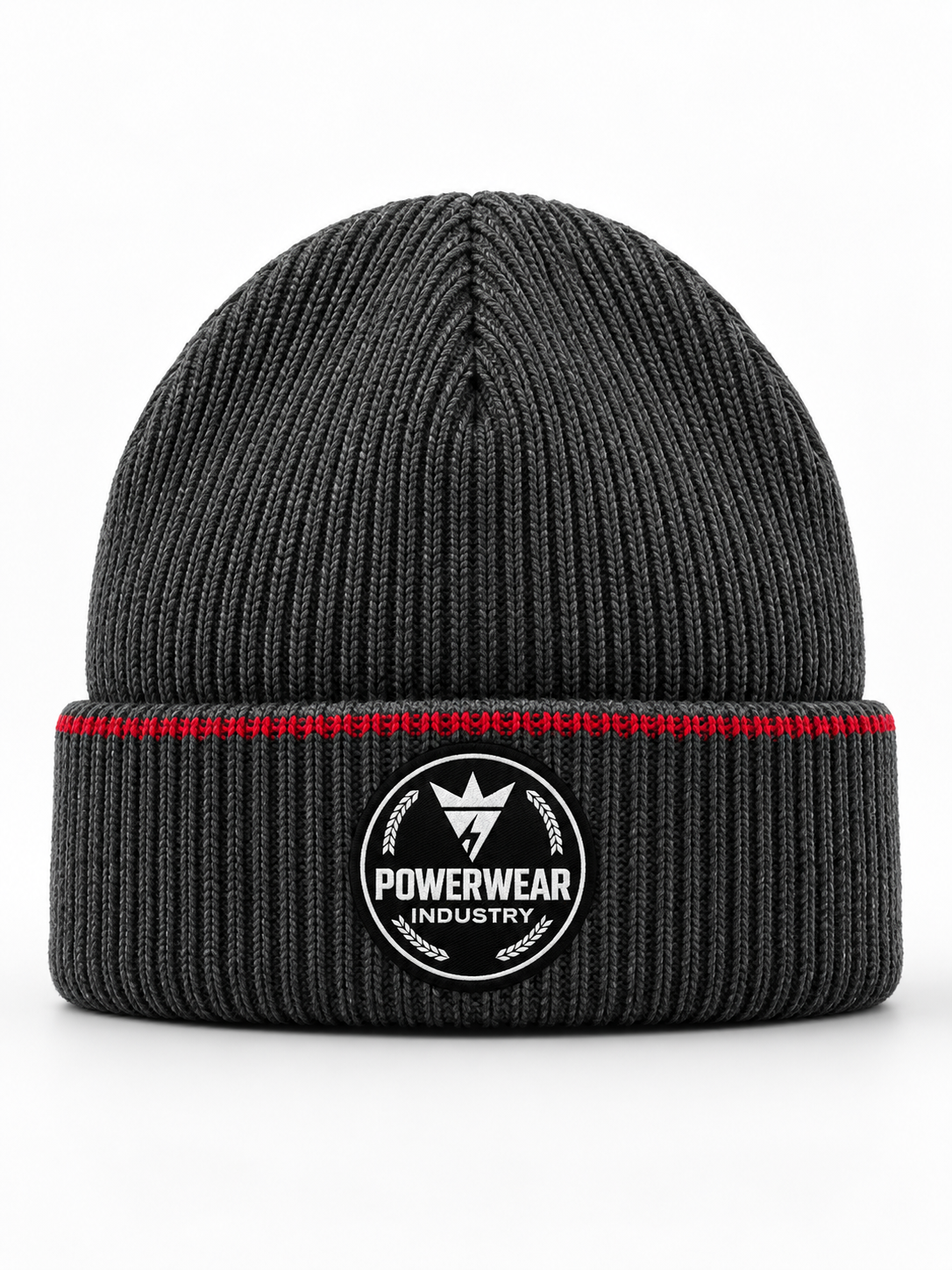 Wholesale Charcoal Red Trim Knit Beanie - Custom Manufacturing | Power Wear Industry