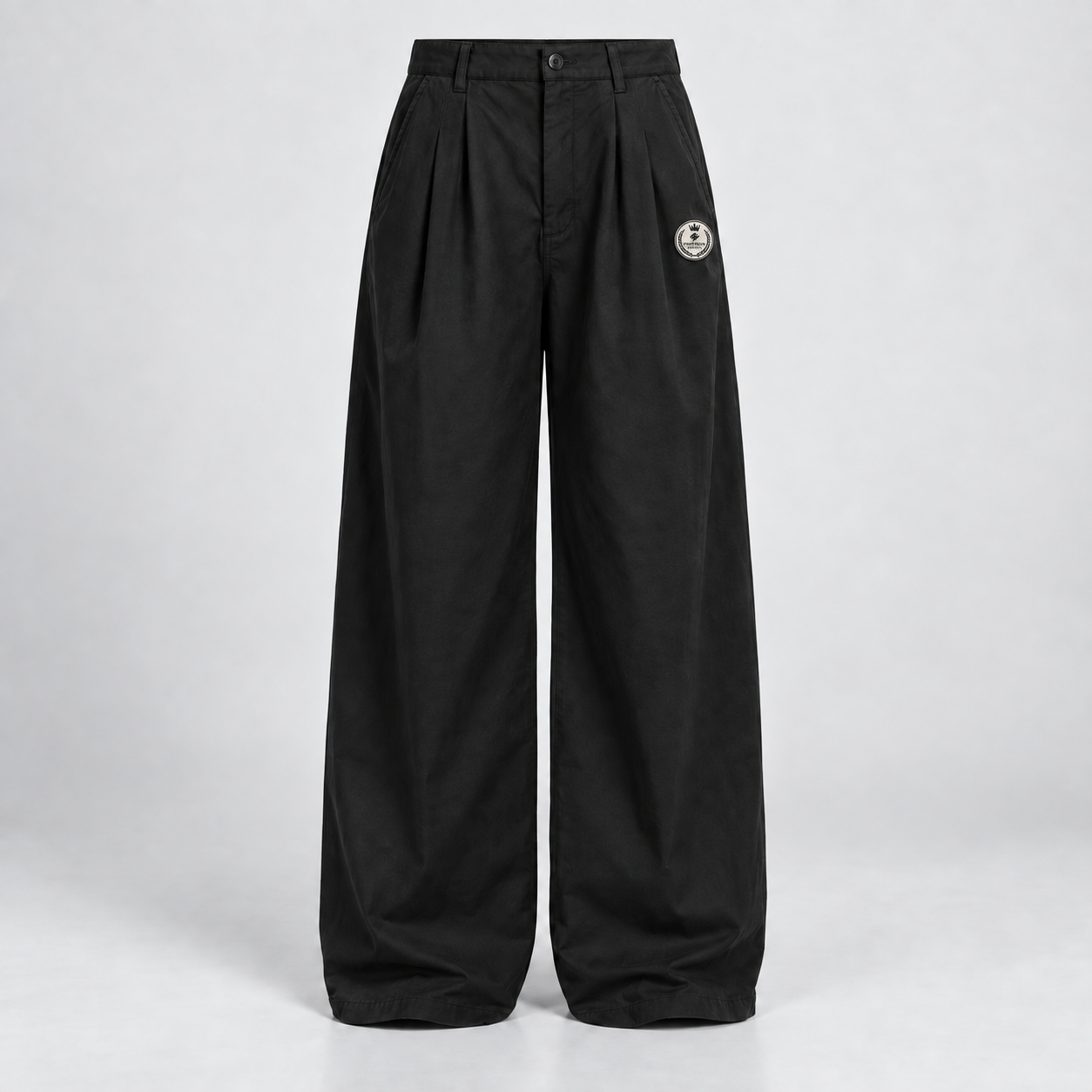 Black Pleated Wide-Leg Pants with Powerwear Industry badge