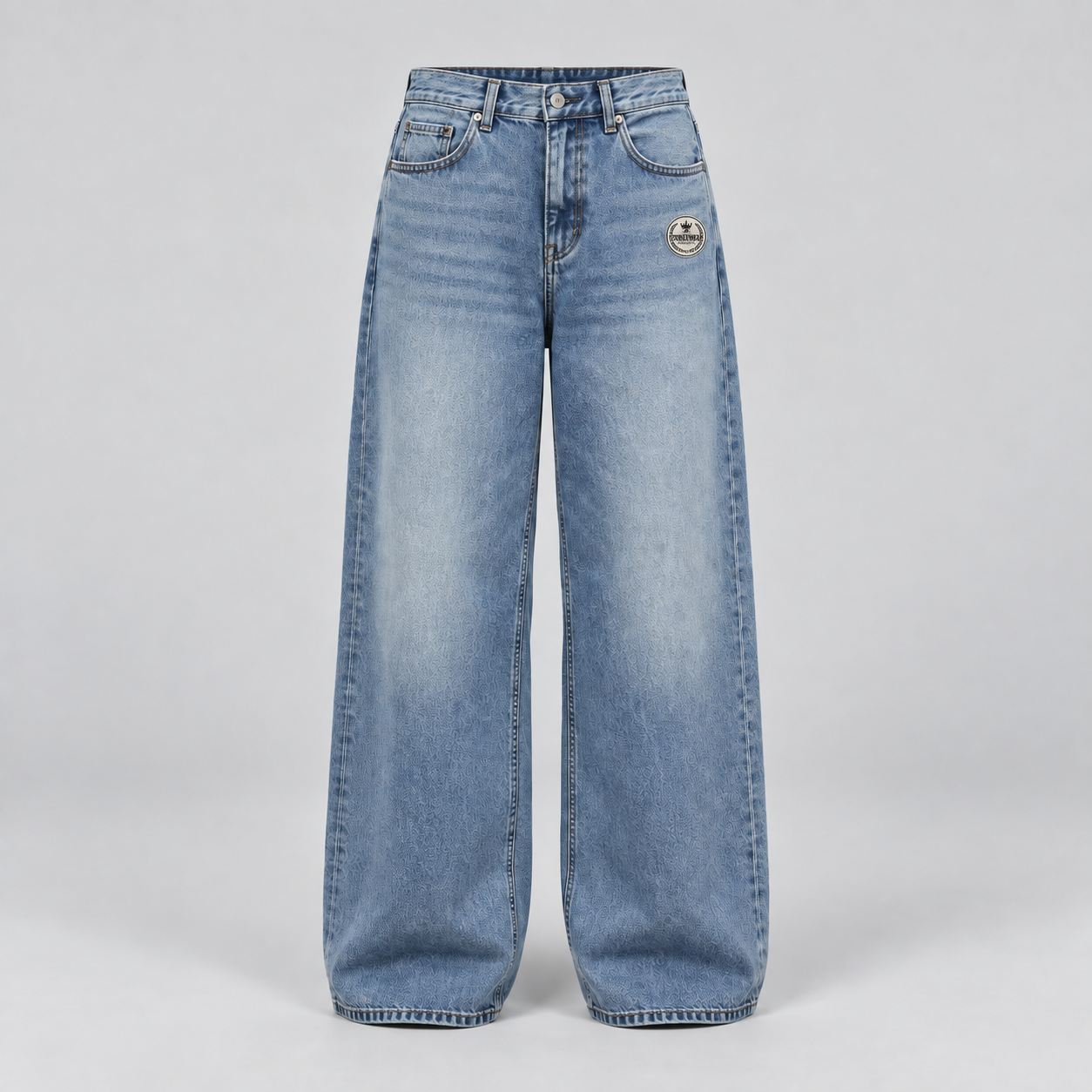 Washed Blue Baggy Jeans with Powerwear Industry badge