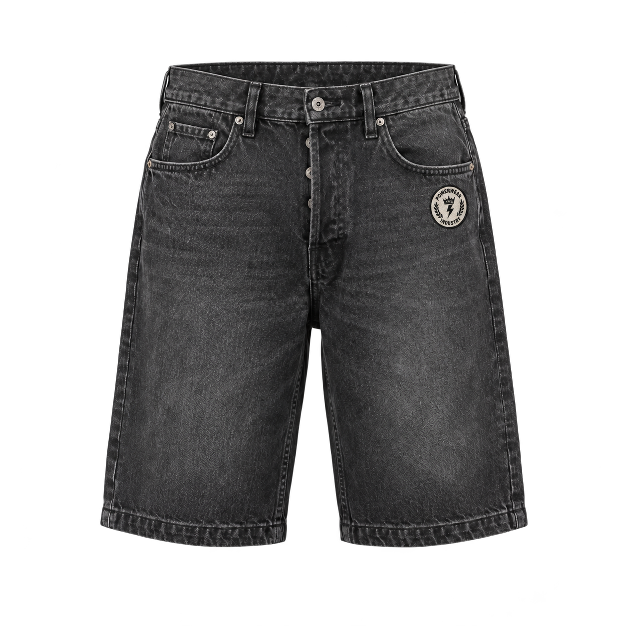 Washed Black Denim Shorts with Powerwear Industry badge