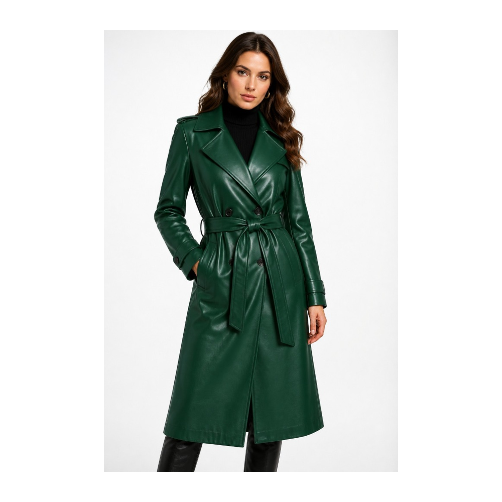 Forest Green Trench Leather Coat - Power Wear Industry