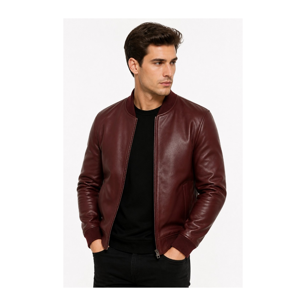 Maroon Bomber Leather Jacket - Power Wear Industry