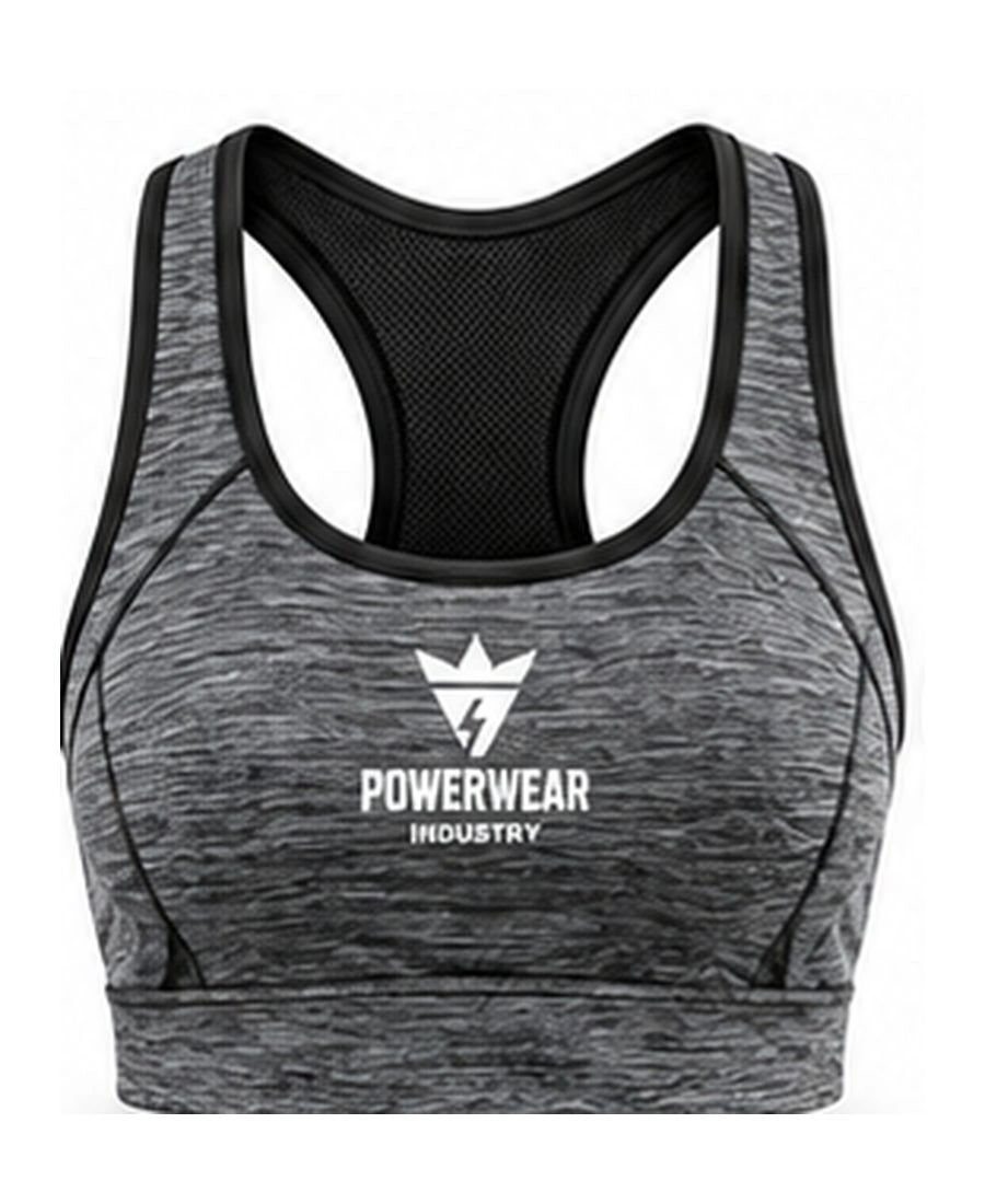 Racerback Moisture-Wicking Padded Sports Bra by Power Wear Industry with branded crest